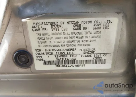 2004 Nissan Sentra 1.8S from USA, damaged, VIN 3N1CB51D14L483919